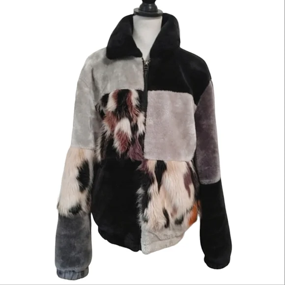 UO Blocked Faux Fur Jacket Bomber Jacket - Picture 1 of 15